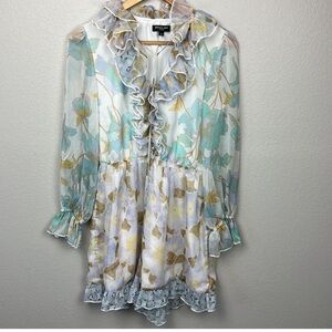 Beulah Floral Ruffle Romper Long Sleeves Button Front V-Neck Sheer White/Pastel